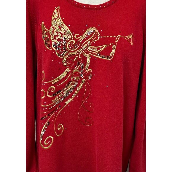Quacker Factory 2X Red Long Sleeve Holiday Angel Embellished Sweater 60% Cotton - Picture 2 of 8